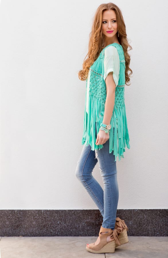 Crochet Fringe Gilet Turquoise – shoparchief, foto 3