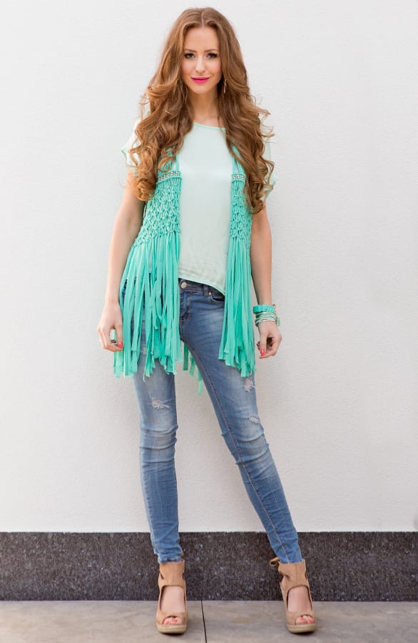 Crochet Fringe Gilet Turquoise – shoparchief, foto 6