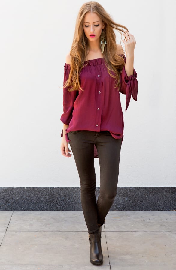 Silk Strapless Blouse Bordeaux – shoparchief, foto 6