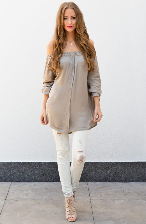 Silk Strapless Blouse Taupe – shoparchief, foto 5