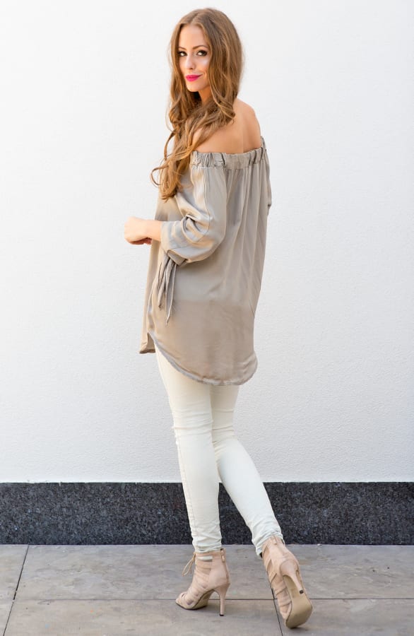 Silk Strapless Blouse Taupe – shoparchief, foto 3