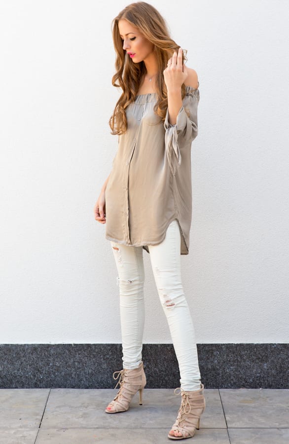 Silk Strapless Blouse Taupe – shoparchief, foto 2