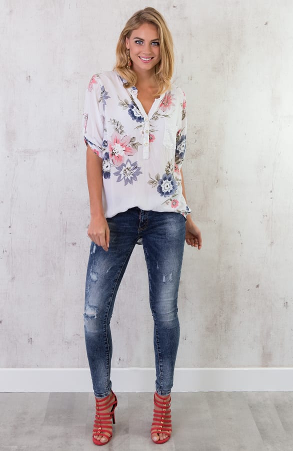 Bloemen Pailletten Blouse Wit – shoparchief, foto 2