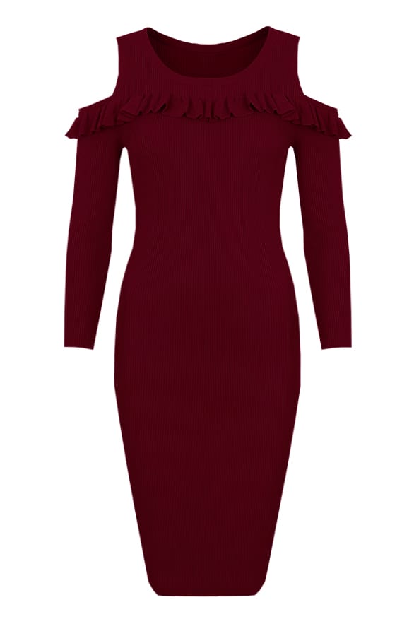 Ruffle Rib Jurk Bordeaux – shoparchief, foto 1