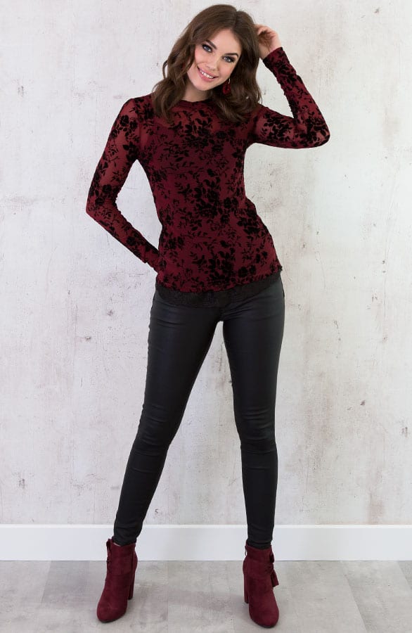 Velvet Bloemen Sleeve Bordeaux – shoparchief, foto 6