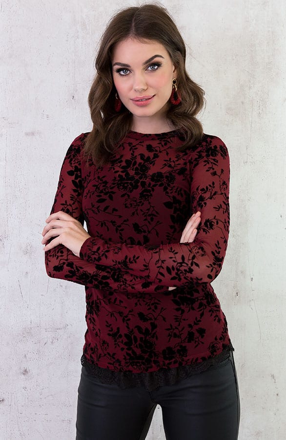 Velvet Bloemen Sleeve Bordeaux – shoparchief, foto 4
