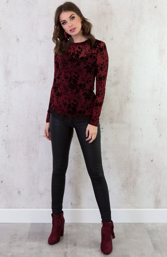 Velvet Bloemen Sleeve Bordeaux – shoparchief, foto 5
