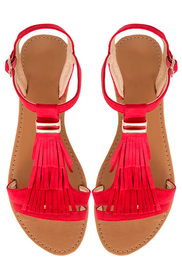 Suede Fringe Sandalen Rood – shoparchief, foto 1