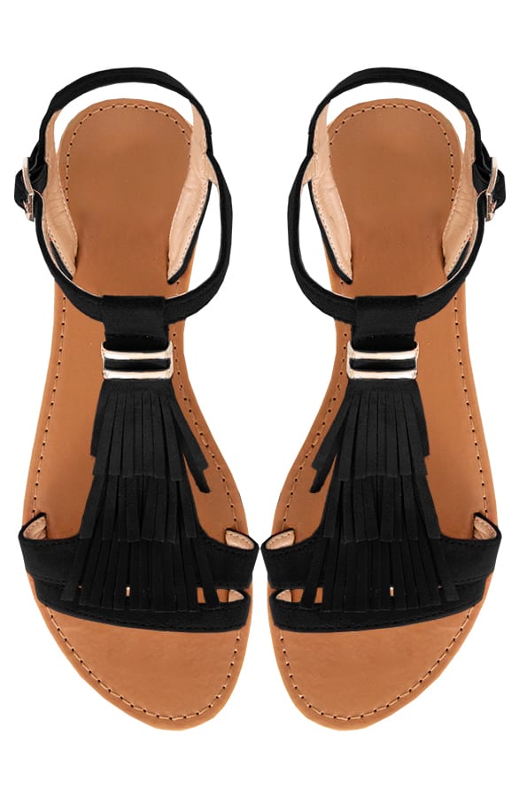 Suede Fringe Sandalen Zwart – shoparchief, foto 1