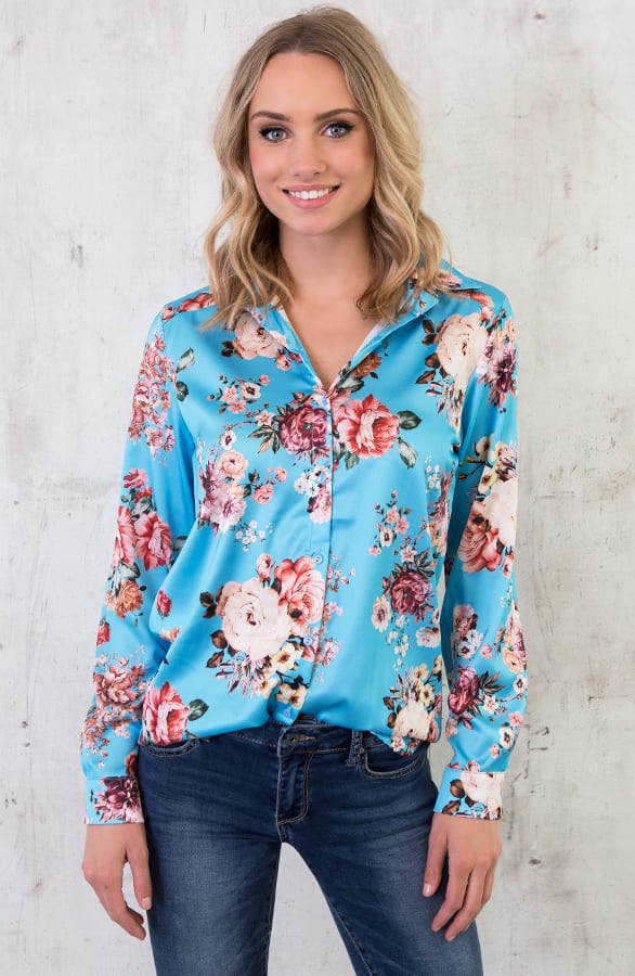 Bloemen Blouse Zijde Blauw – shoparchief, foto 1