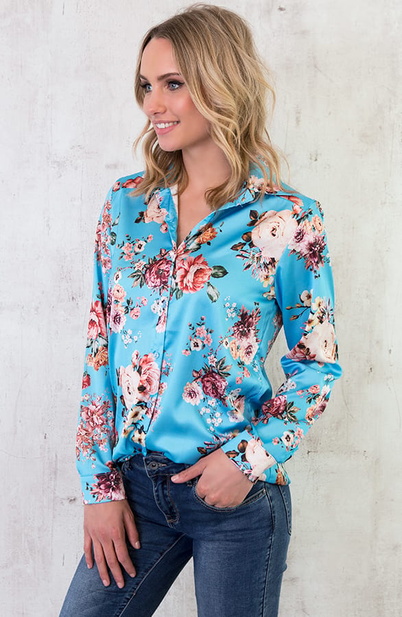 Bloemen Blouse Zijde Blauw – shoparchief, foto 3