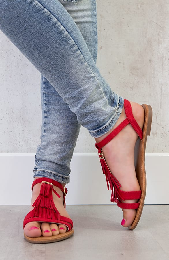 Suede Fringe Sandalen Rood – shoparchief, foto 2
