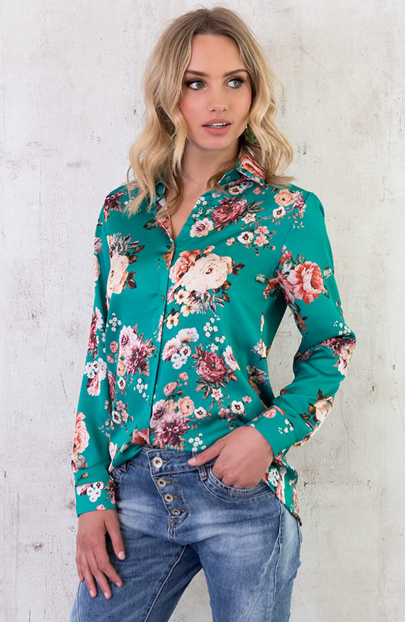 Bloemen Blouse Zijde Groen – shoparchief, foto 3