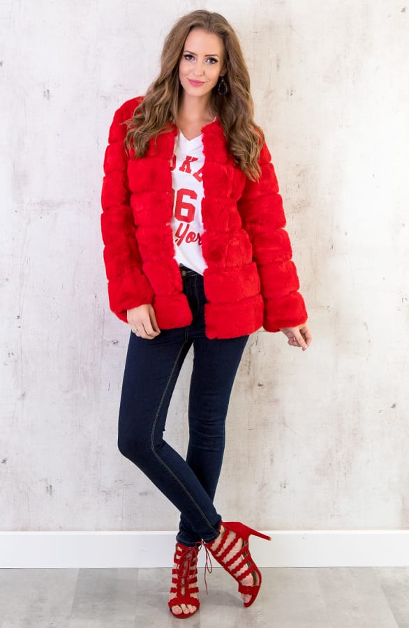 Fake Fur Jas Leer Rood – shoparchief, foto 4