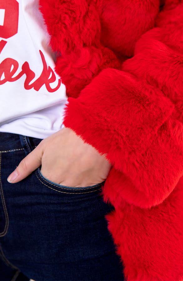Fake Fur Jas Leer Rood – shoparchief, foto 7
