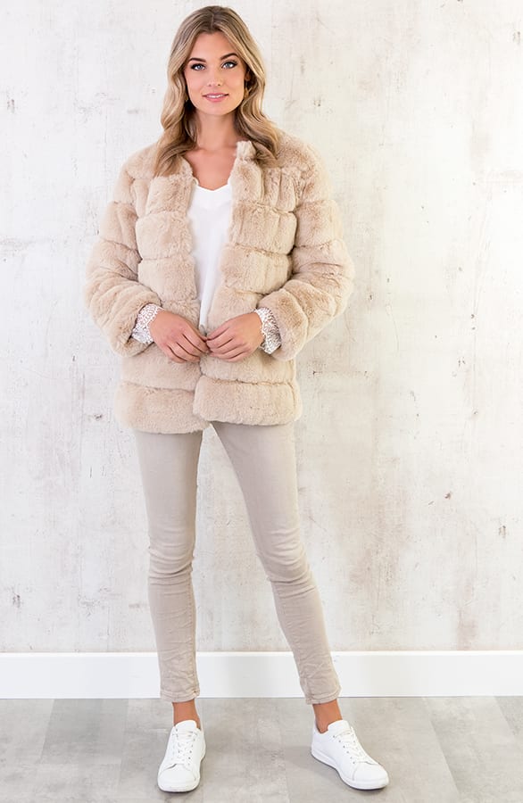Fake Fur Jas Leer Beige – shoparchief, foto 4