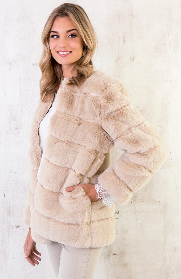 Fake Fur Jas Leer Beige – shoparchief, foto 3