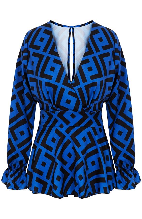 Print V Blouse Kobalt Zwart – shoparchief, foto 1
