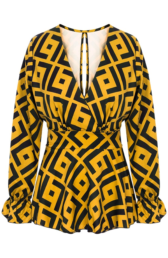 Print V Blouse Zwart Oker – shoparchief, foto 1