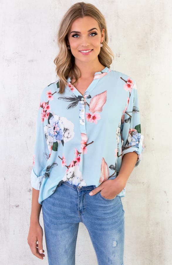 Bloemen Print Blouse Babyblauw – shoparchief, foto 2