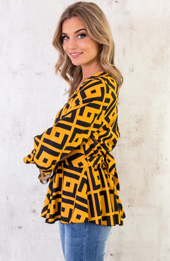 Print V Blouse Zwart Oker – shoparchief, foto 3