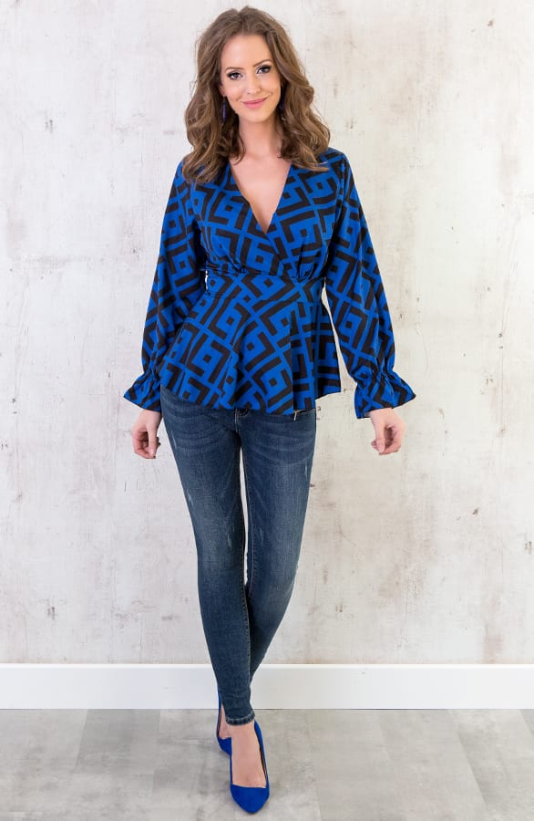 Print V Blouse Kobalt Zwart – shoparchief, foto 6