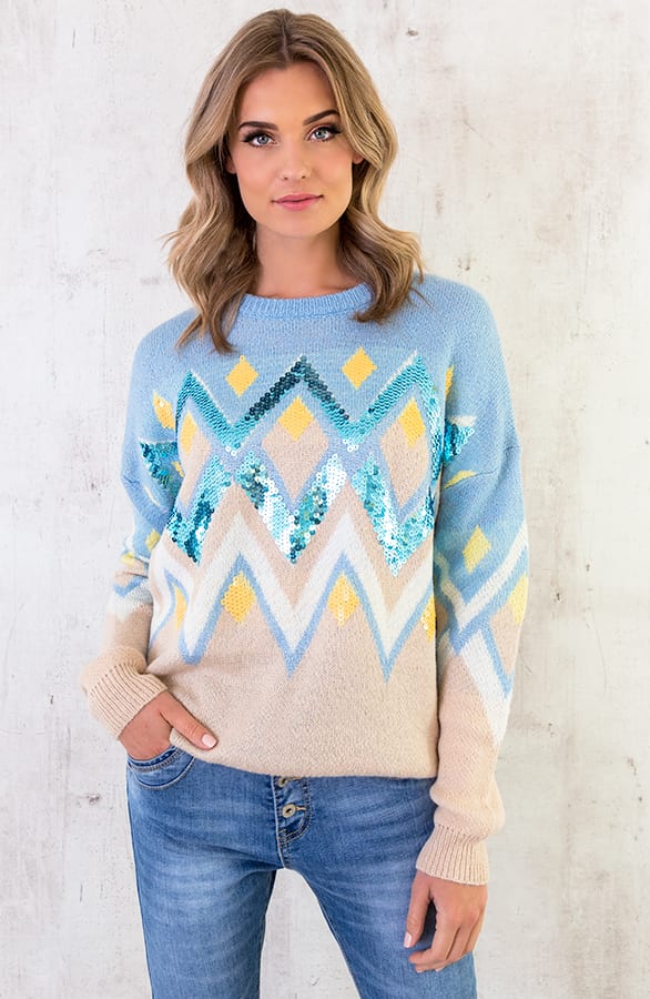 Pailletten Zigzag Trui Babyblauw – shoparchief, foto 1