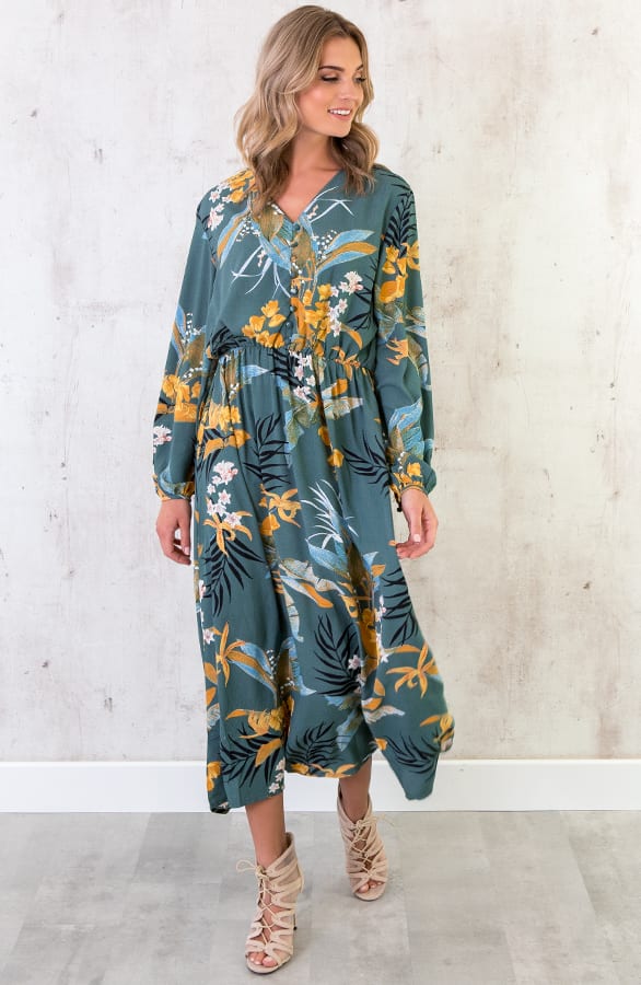 Lange Bloemen Jurk Turquoise – shoparchief, foto 3