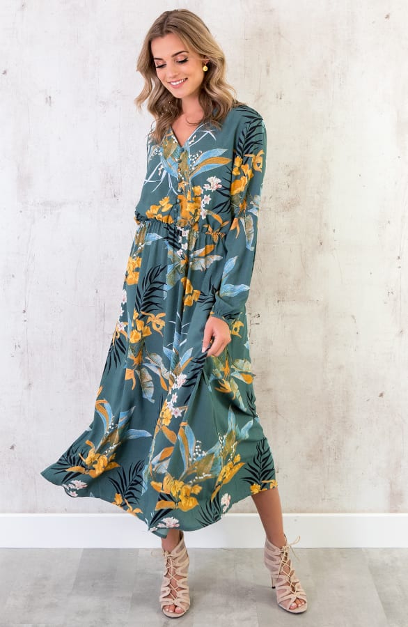 Lange Bloemen Jurk Turquoise – shoparchief, foto 2