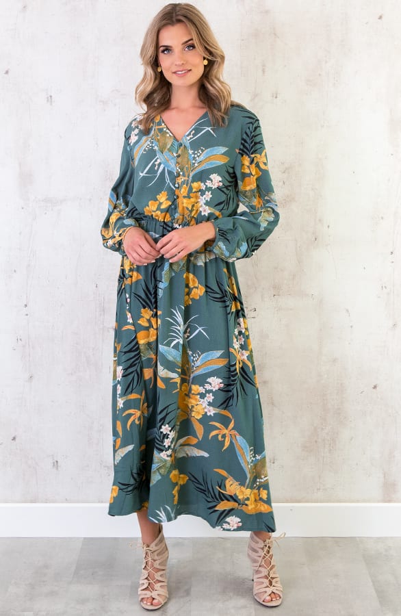 Lange Bloemen Jurk Turquoise – shoparchief, foto 6