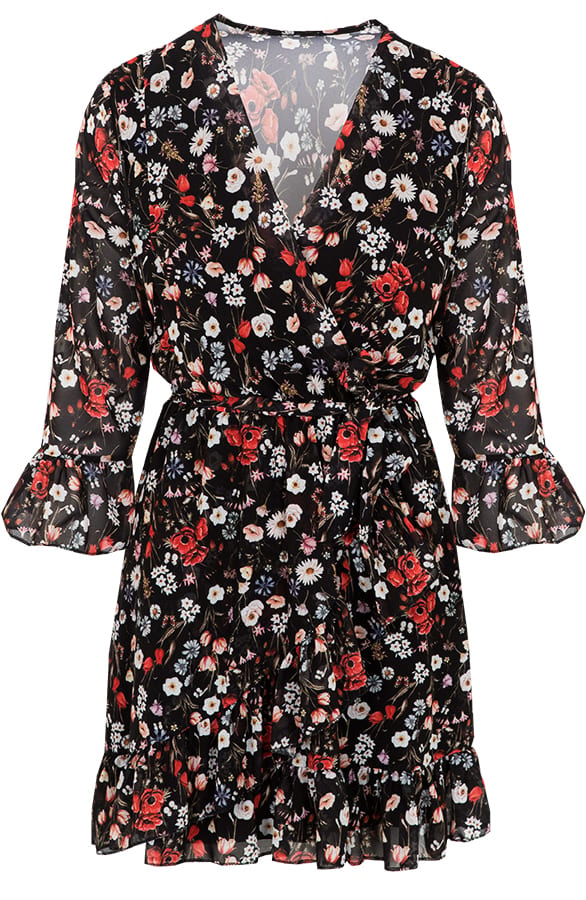 Bloemen Jurk Overslag Zwart – shoparchief, foto 1