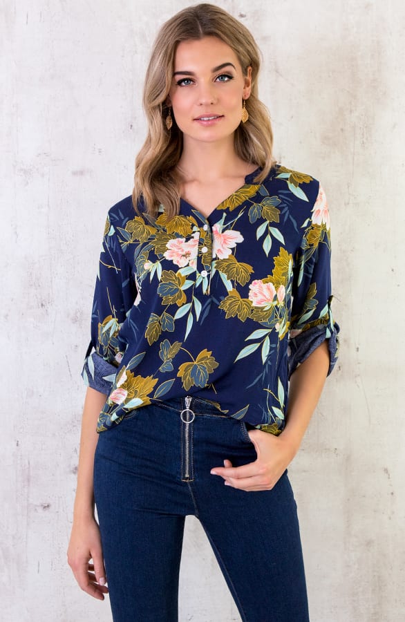Blouse Bloemen Marineblauw – shoparchief, foto 2