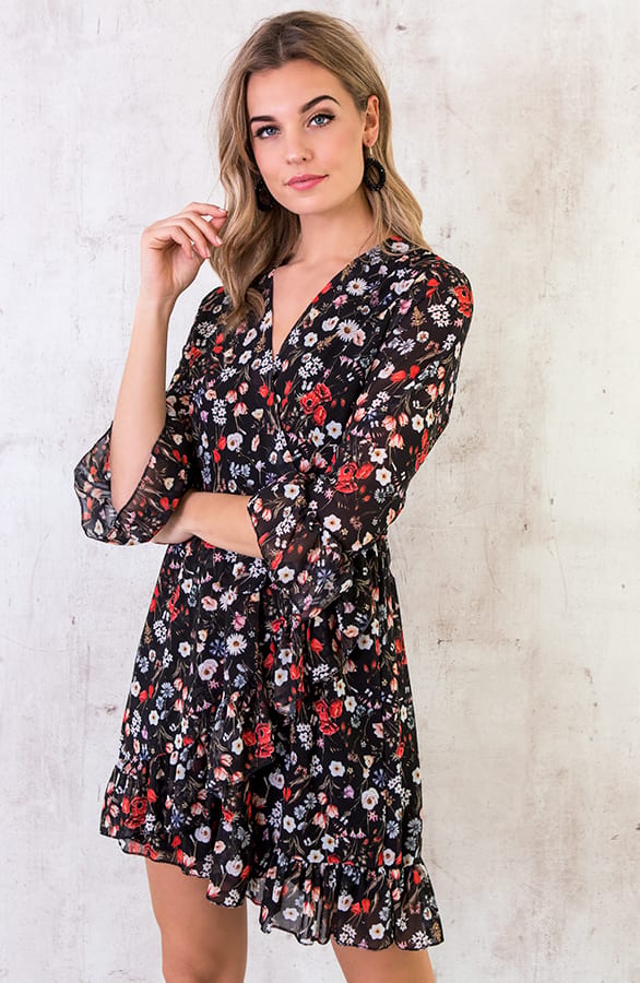Bloemen Jurk Overslag Zwart – shoparchief, foto 2