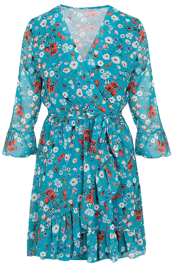 Bloemen Jurk Overslag Turquoise – shoparchief, foto 1