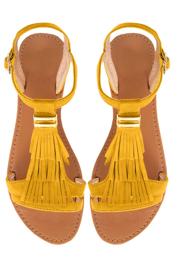 Suede Fringe Sandalen Okergeel – shoparchief, foto 1