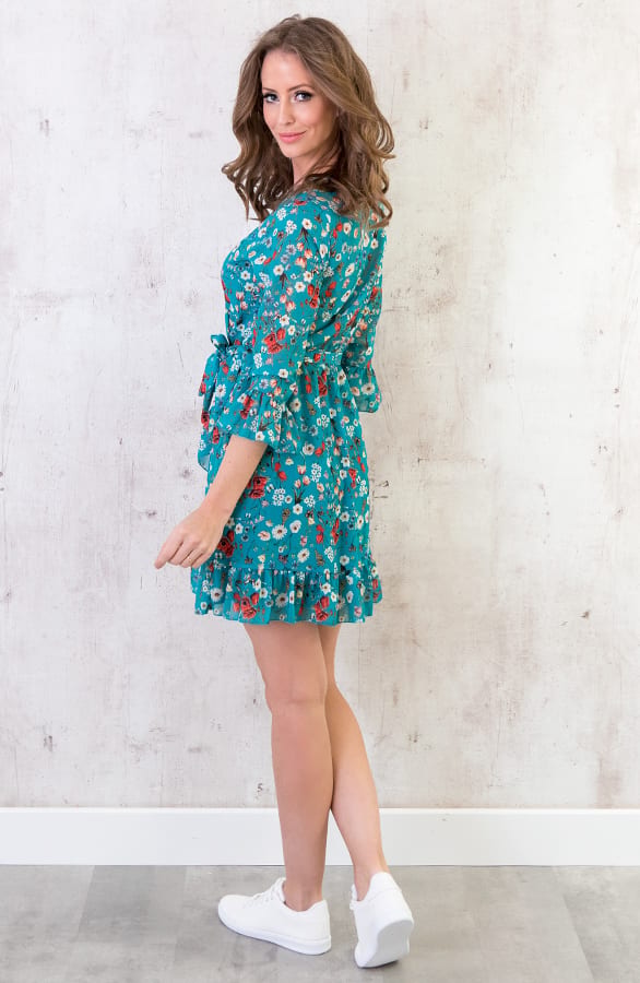 Bloemen Jurk Overslag Turquoise – shoparchief, foto 4