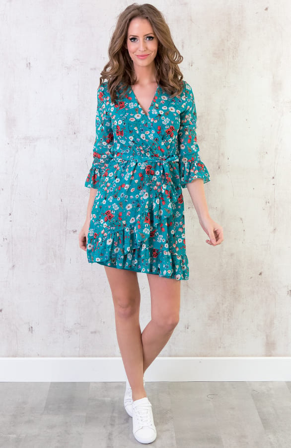 Bloemen Jurk Overslag Turquoise – shoparchief, foto 3