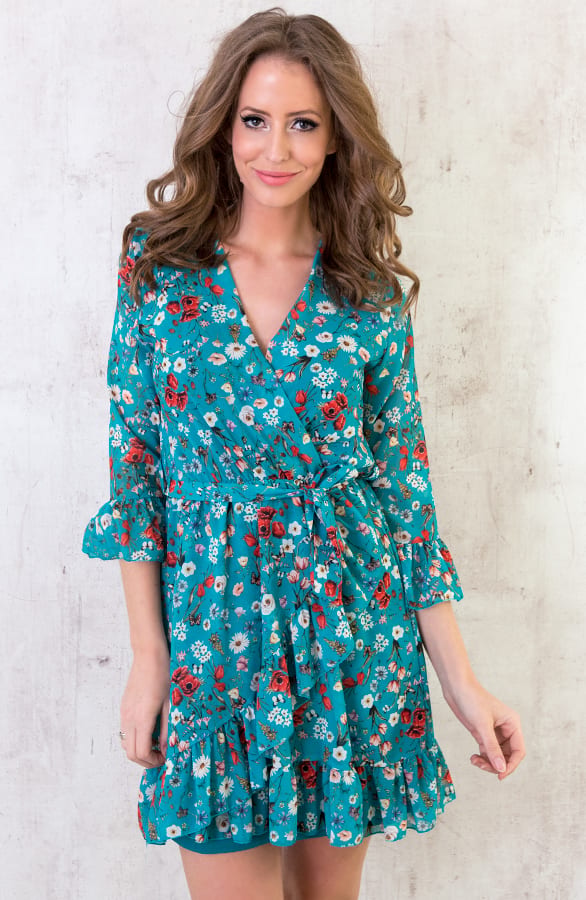 Bloemen Jurk Overslag Turquoise – shoparchief, foto 2