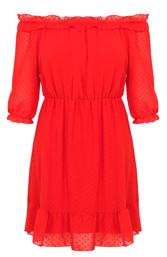 Off Shoulder Stippen Jurk Rood – shoparchief, foto 1