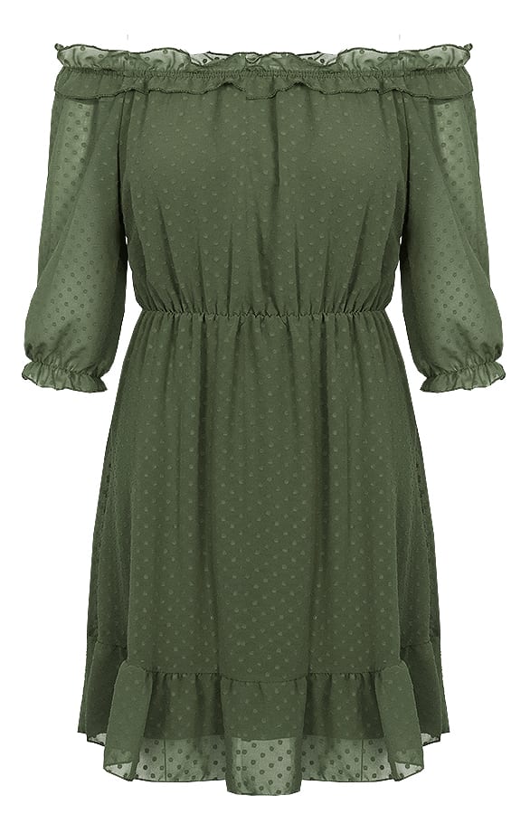 Off shoulder Stippen Jurk Legergroen – shoparchief, foto 1