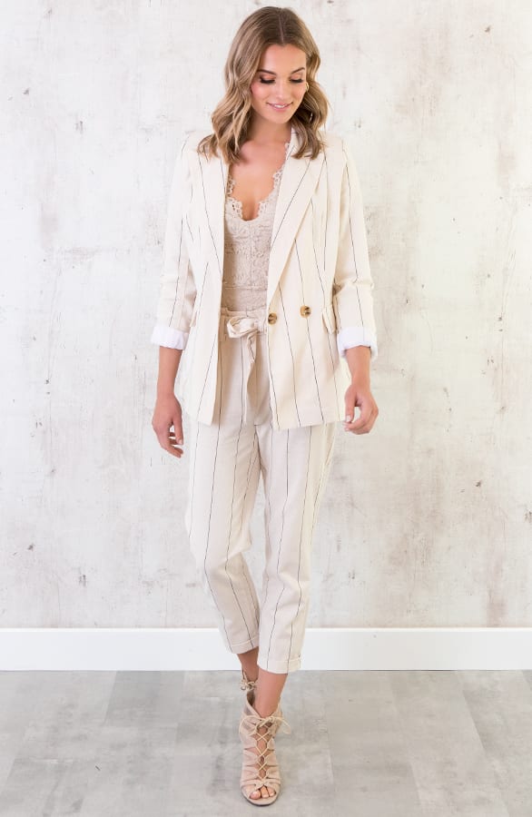 Linnen Blazer Gestreept Creme – shoparchief, foto 4