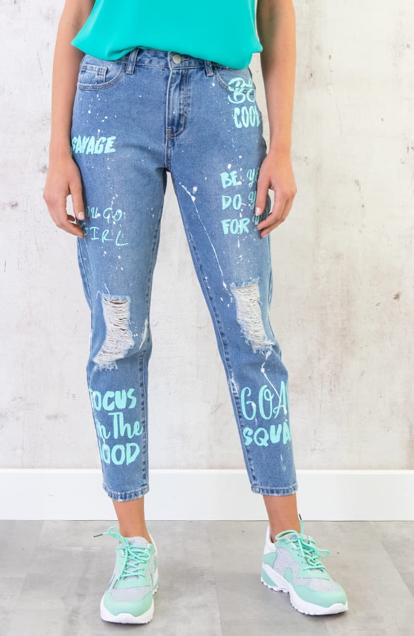 Boyfriend Jeans Graffiti Turquoise – shoparchief, foto 2
