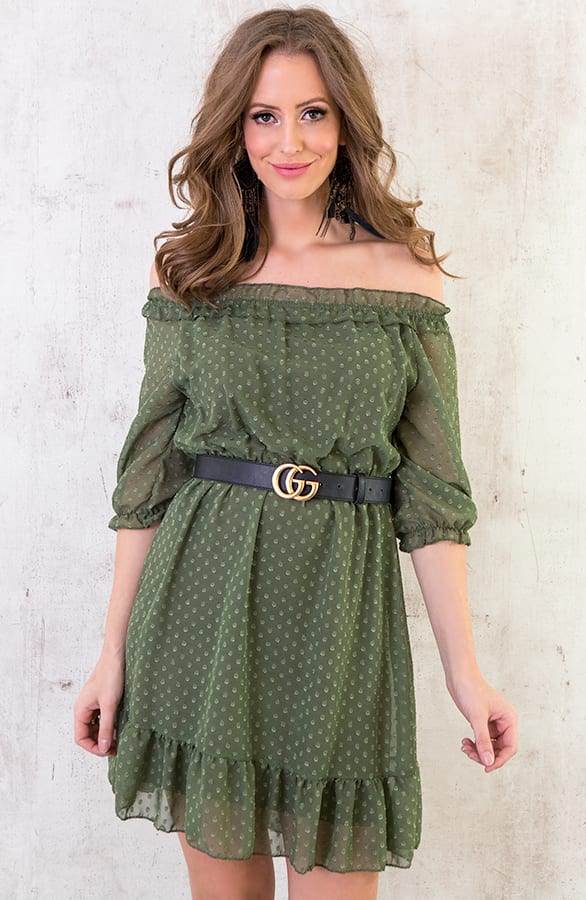 Off shoulder Stippen Jurk Legergroen – shoparchief, foto 2