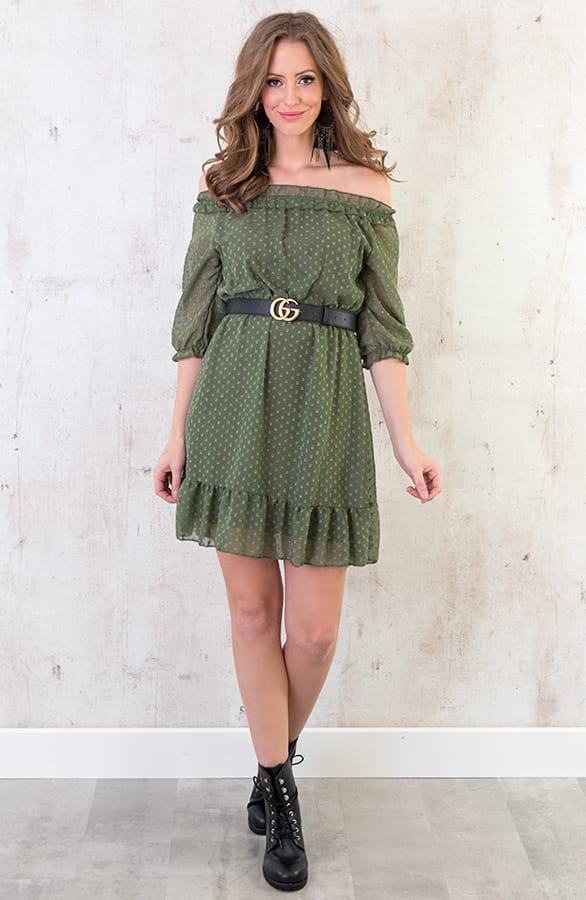 Off shoulder Stippen Jurk Legergroen – shoparchief, foto 3