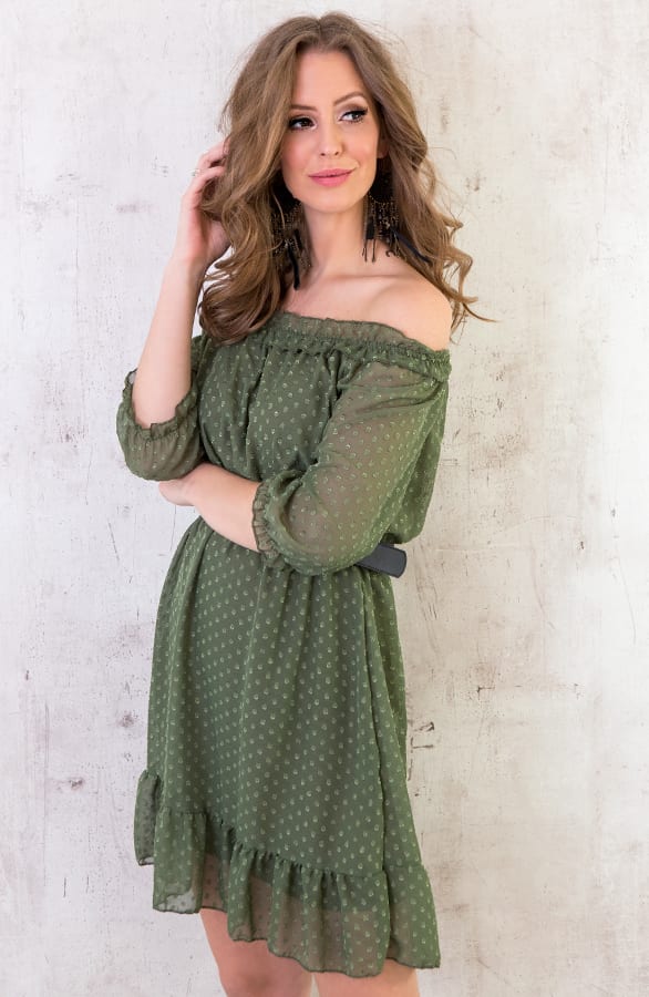 Off shoulder Stippen Jurk Legergroen – shoparchief, foto 4
