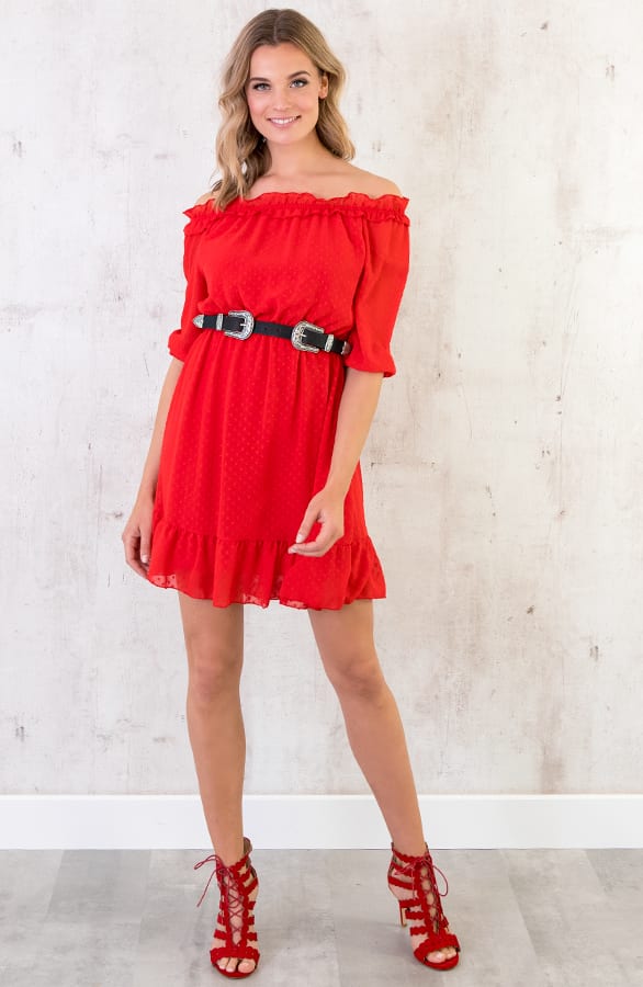 Off Shoulder Stippen Jurk Rood – shoparchief, foto 3
