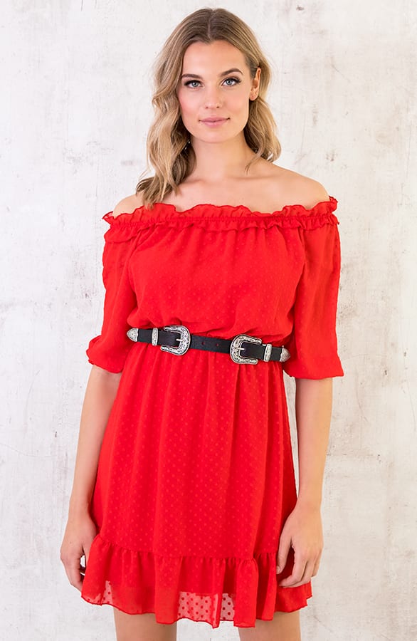 Off Shoulder Stippen Jurk Rood – shoparchief, foto 2
