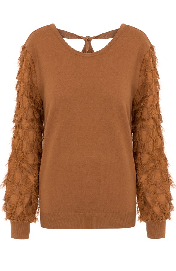 Trui Met Fringe Cognac – shoparchief, foto 1