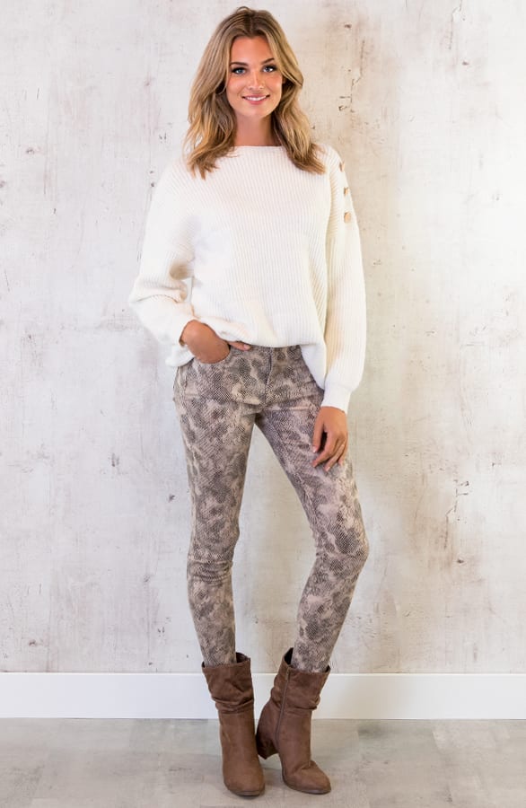 Slangenprint Coating Jeans Beige – shoparchief, foto 6