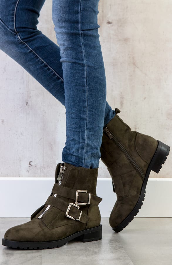 Suede Biker Boots Legergroen – shoparchief, foto 2